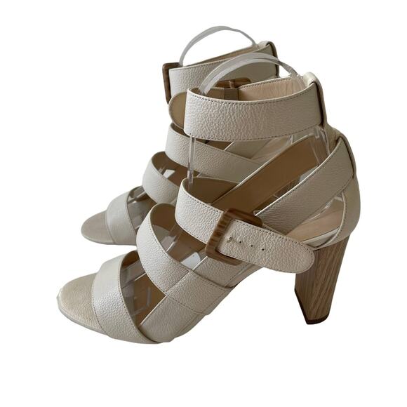 Jimmy Choo Maya 85 Cage Sandal Wood Heel Pebbled Leather Cream 37.5 - Picture 7 of 14